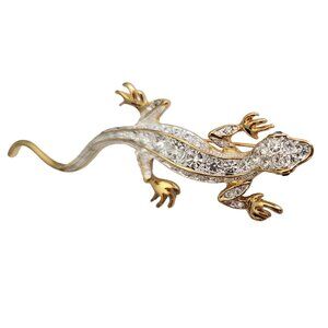 PS Co Gold Tone Clear Rhinestone Lizard Salamander Gecko Brooch, Signed M542